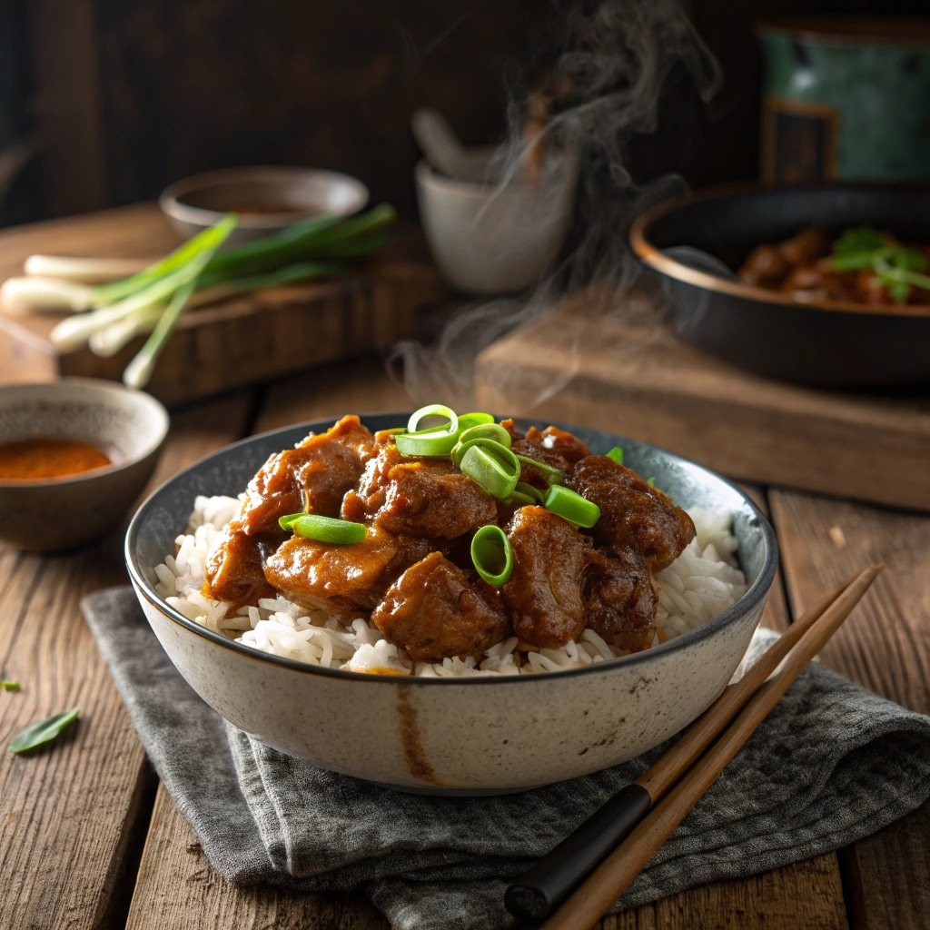 Bourbon Chicken recipe served over rice