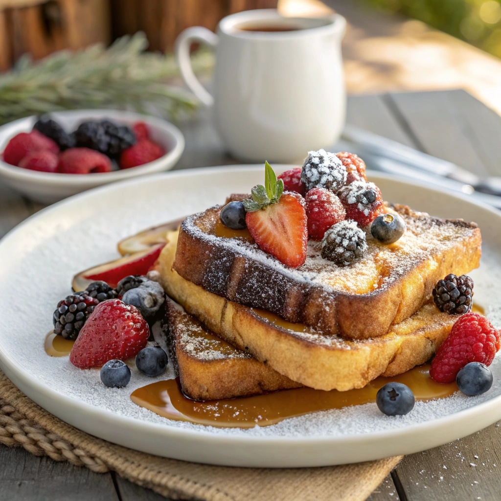 Brioche French Toast with maple syrup and berries