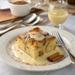 Serving custard bread pudding with vanilla sauce