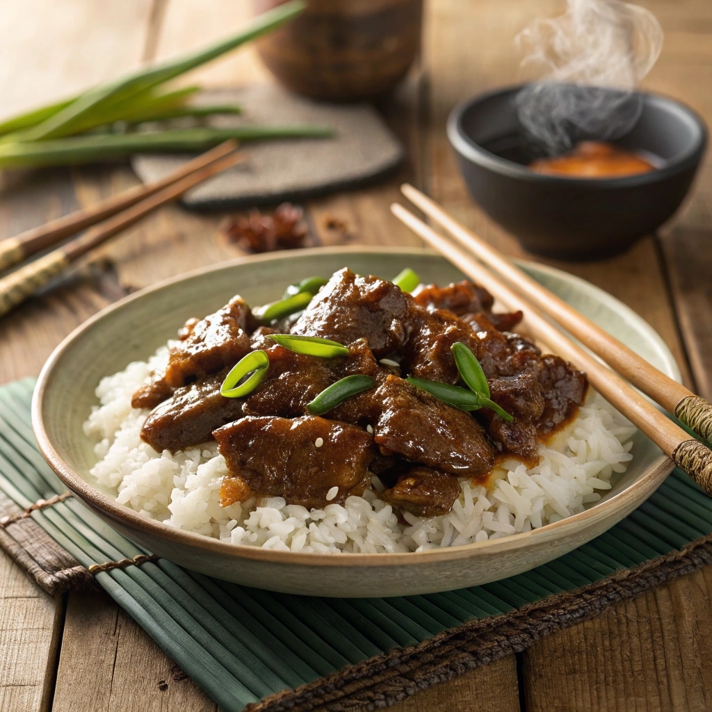 Mongolian Beef served with rice and scallions