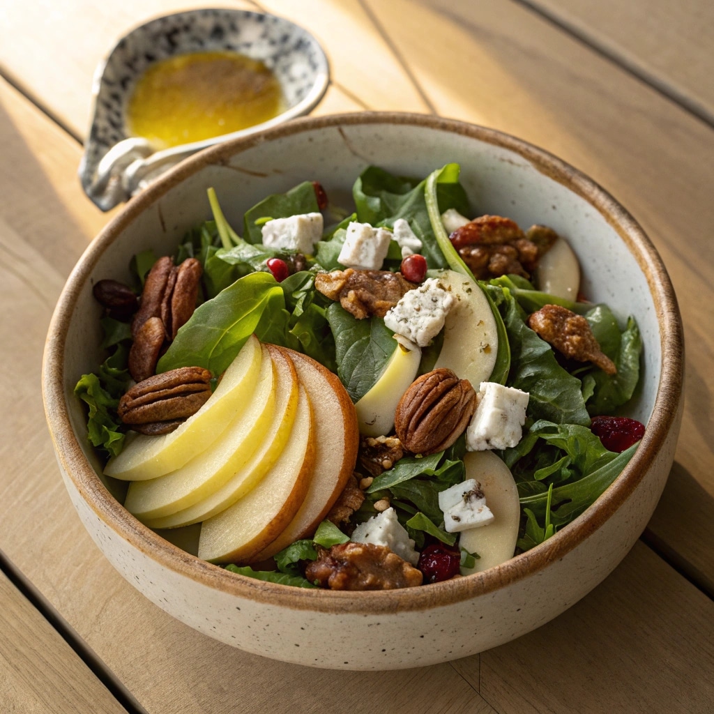 Roquefort pear salad in rustic bowl