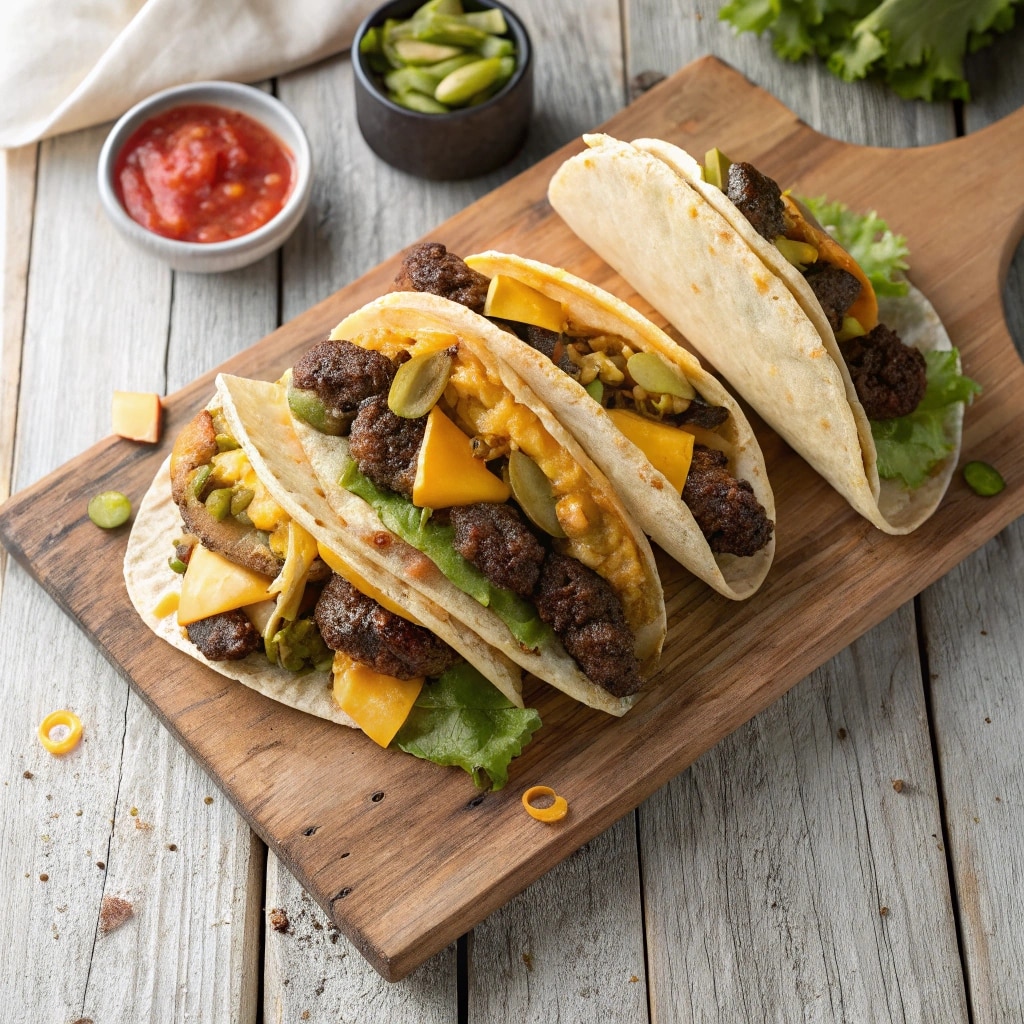 smash burger tacos on wooden board
