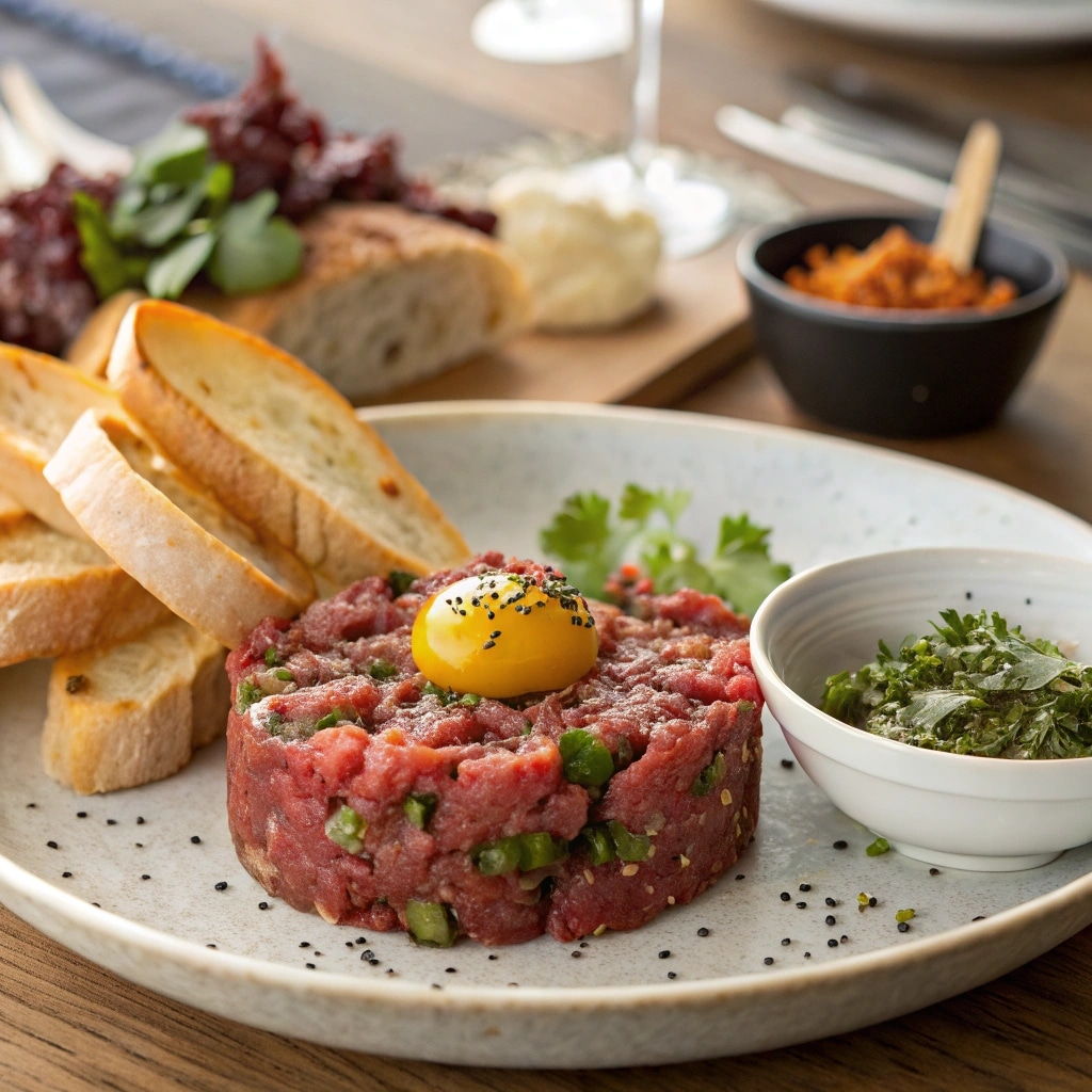 How to Make Fusion Beef Tartare That Will Wow Every Guest 4 Beef Tartare with Fusion Twists plated with herbs and egg yolk