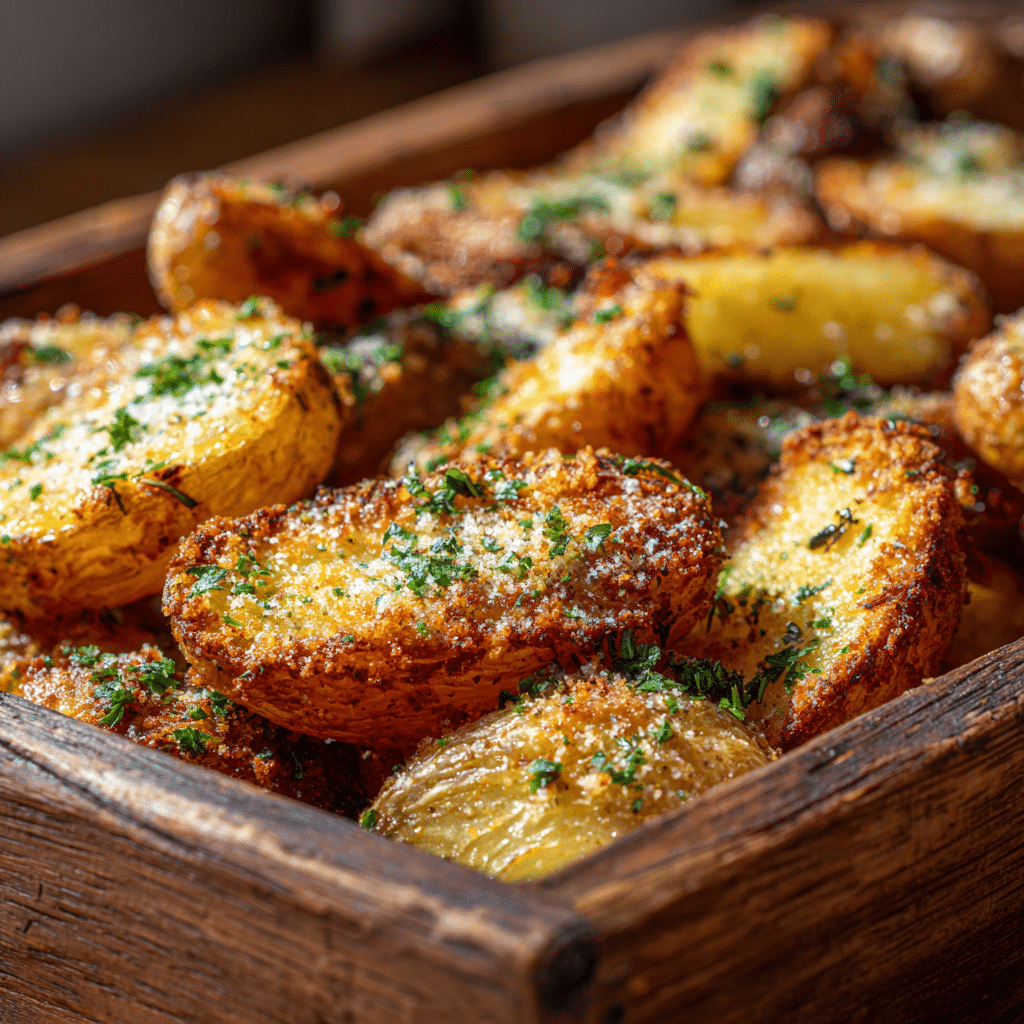 Parmesan Crusted Roasted Potatoes on rustic tray