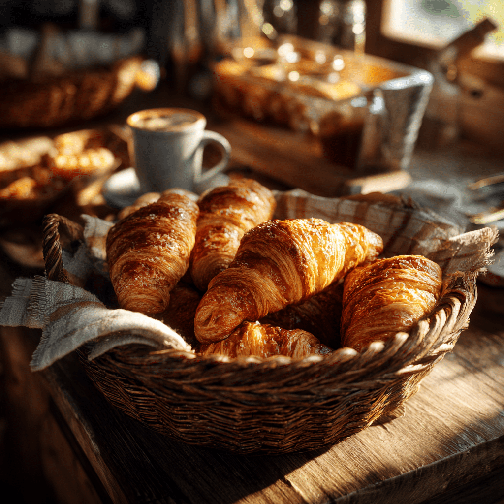 Freshly baked Croissant Broodjes on a rustic table with coffee and fruit