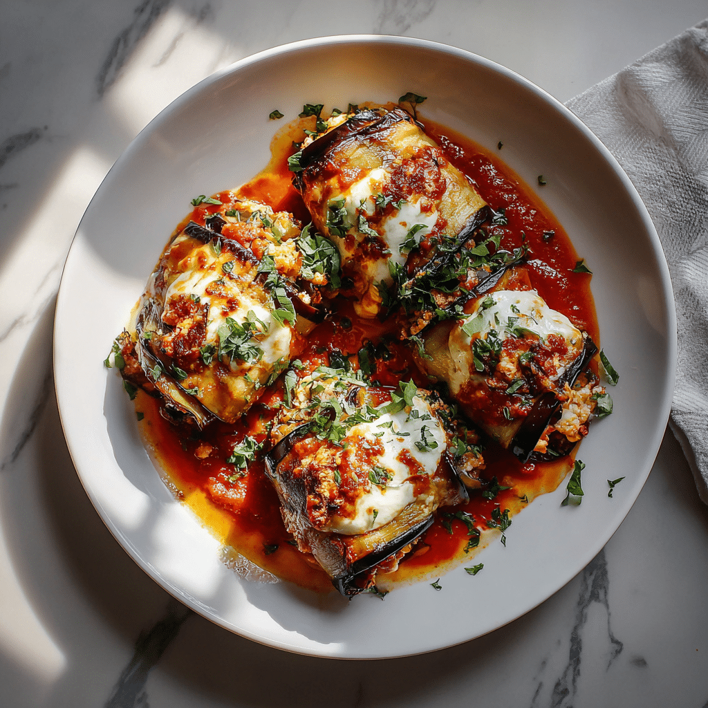 Overhead view of Healthy Eggplant Rollatini on a white plate.
