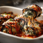 Close-up serving of Healthy Eggplant Rollatini with visible filling.