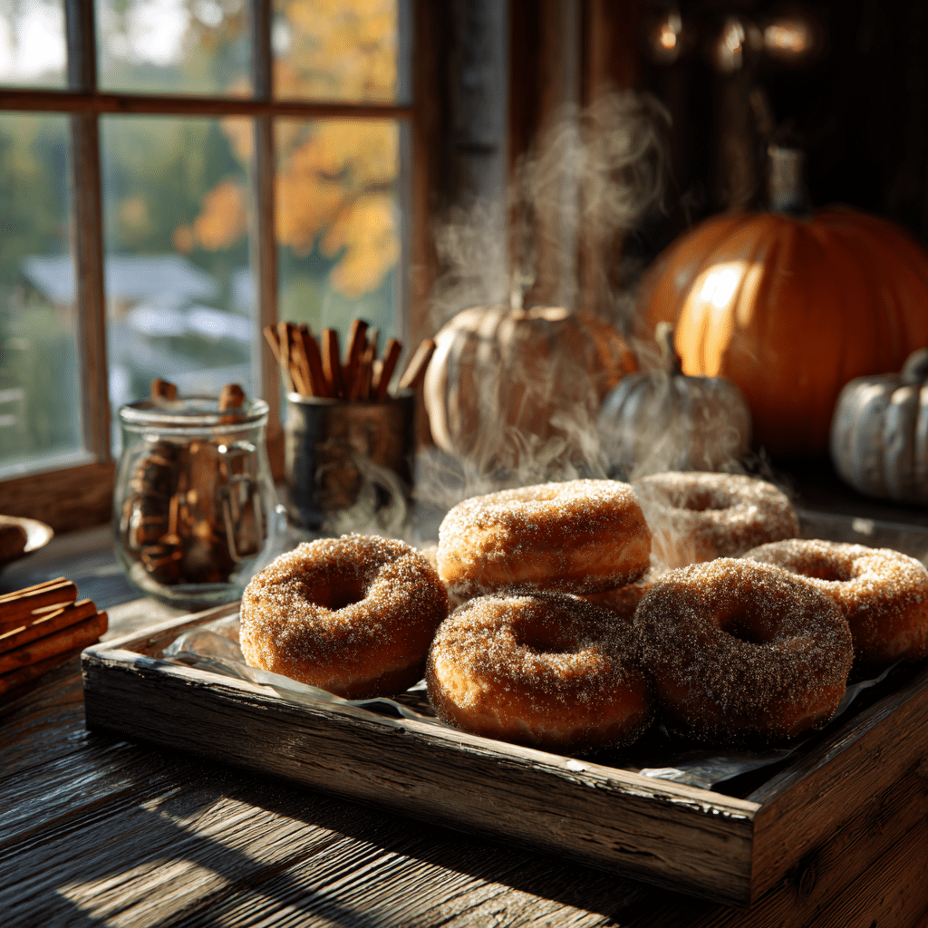 Pumpkin spice donuts baked fresh on rustic table