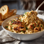 serving bowl of cajun chicken alfredo orzo