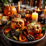 Serving Shredded Chicken And Rice Stuffed Peppers Halloween Style