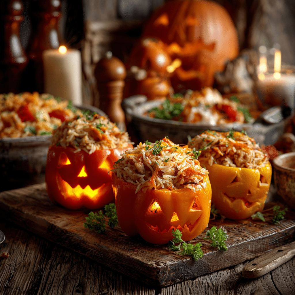 Shredded Chicken And Rice Stuffed Peppers Halloween Style