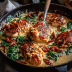 Easy Creamy Tuscan Garlic Chicken with Spinach – Better Than Takeout! 6 Plated Creamy Tuscan Garlic Chicken With Spinach with sauce