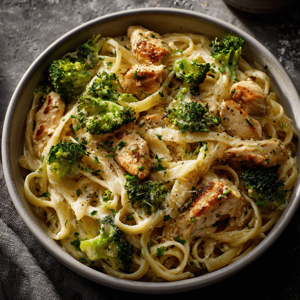 Featured image of One-Pot Chicken Alfredo with Broccoli in a creamy sauce