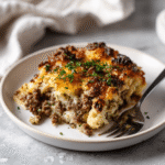 serving of keto beef and cauliflower casserole