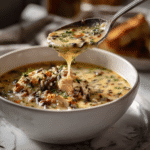 serving slow cooker chicken and wild rice soup