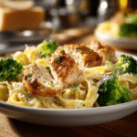 Serving of One-Pot Chicken Alfredo with Broccoli in a white bowl
