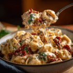 Serving Slow Cooker Tuscan Chicken Tortellini in a bowl