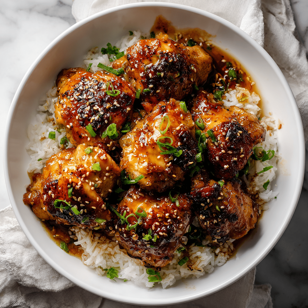 Slow cooker honey garlic chicken served over rice with sesame seeds.