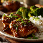 Close-up serving of slow cooker honey garlic chicken with rice and broccoli.
