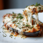 Eggplant mozzarella aubergine boat served