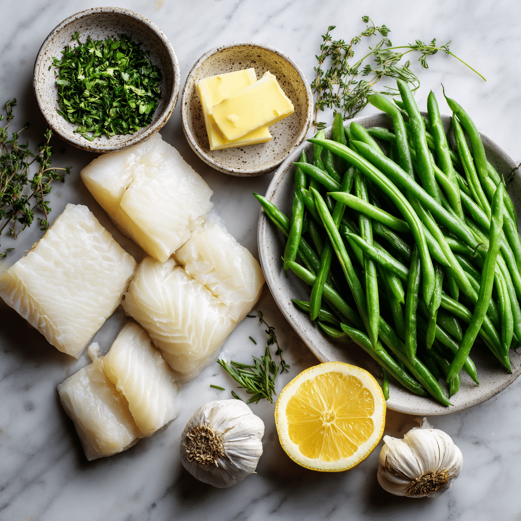 Ingredients for baked garlic butter cod with green beans