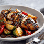 balsamic chicken and roasted vegetables serving