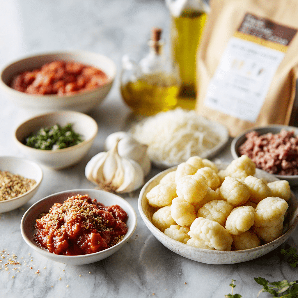 Ingredients for cauliflower gnocchi bolognese with Trader Joe’s cauliflower gnocchi