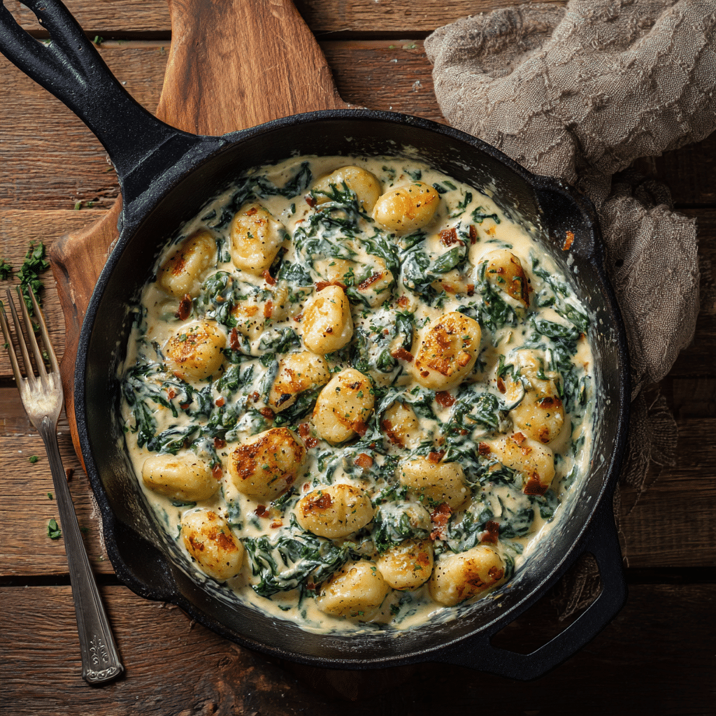 Dishfeast creamy gnocchi spinach feta featured