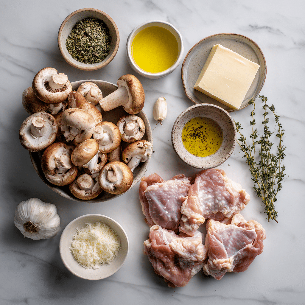Ingredients for creamy mushroom chicken thighs recipe