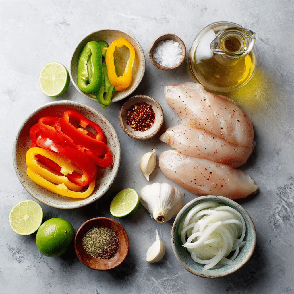 Crockpot chicken fajita ingredients laid out on marble countertop