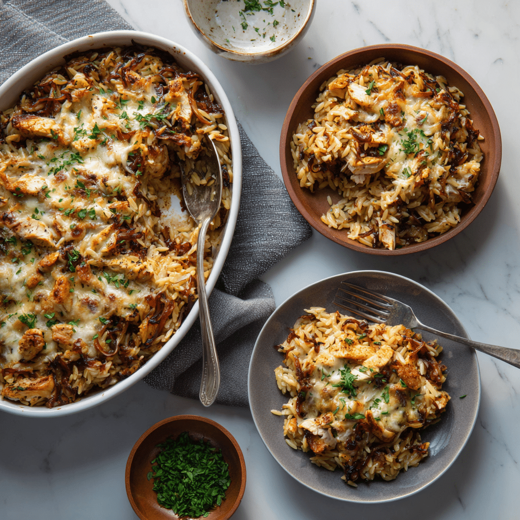 Dishfeast french onion chicken orzo casserole featured