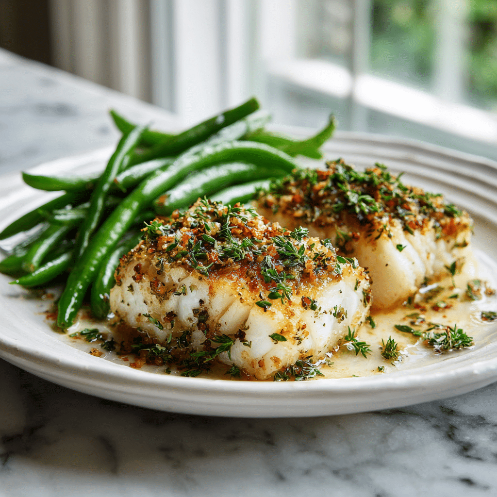 Garlic herb baked cod recipe with green beans