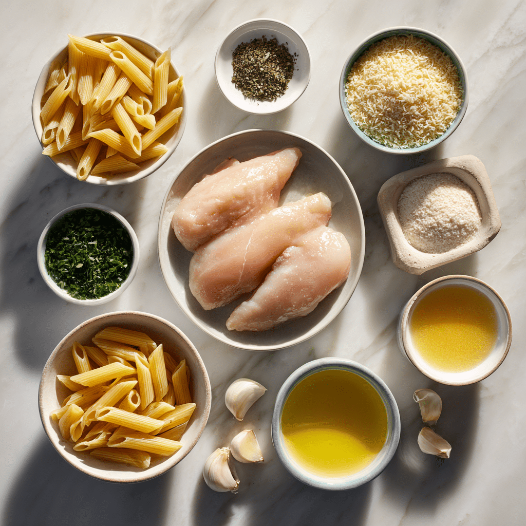 Ingredients for garlic parmesan chicken penne