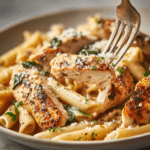 Serving garlic parmesan chicken penne