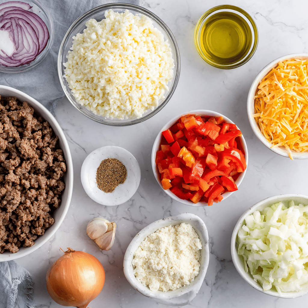Low-Carb Taco Casserole 7 Ingredients for low-carb taco casserole laid out on countertop