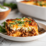 Low-Carb Taco Casserole 6 Serving of low-carb taco casserole on plate