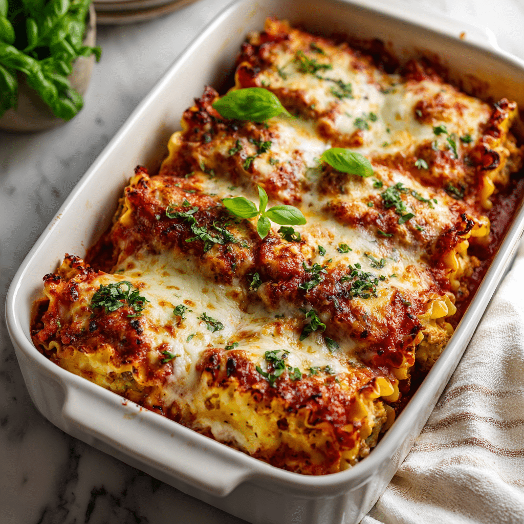 Low-carb turkey lasagna roll-ups baked with marinara