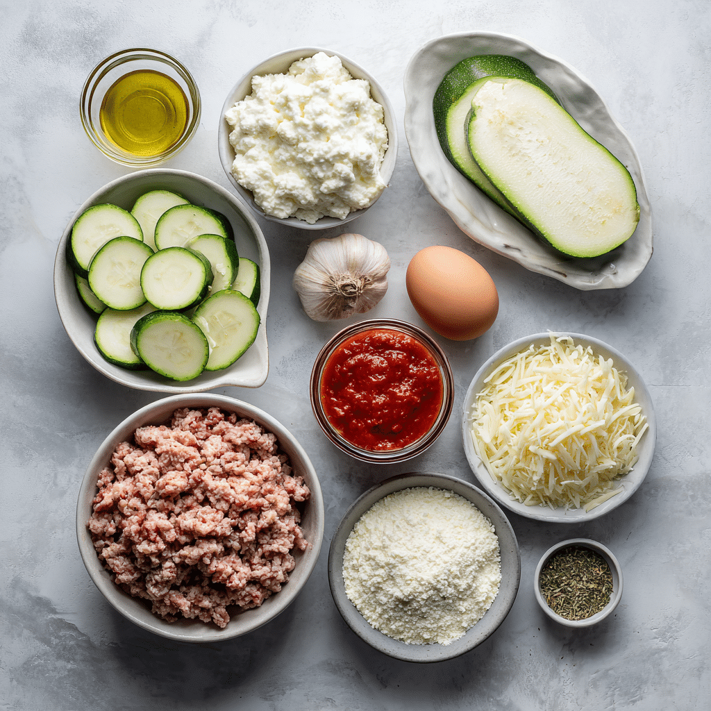 Ingredients for low-carb turkey lasagna roll-ups with zucchini and marinara