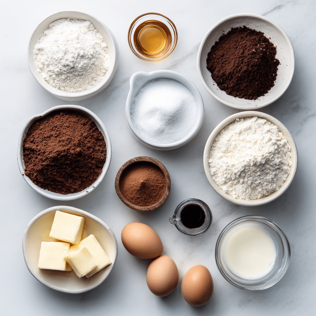 Dishfeast matildas chocolate cake ingredients flatlay