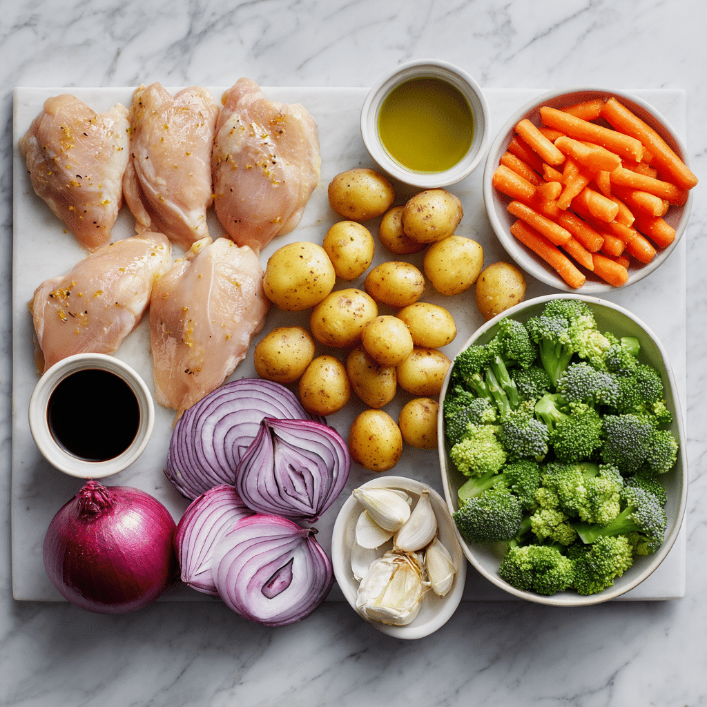 ingredients for one-pan balsamic chicken and veggies