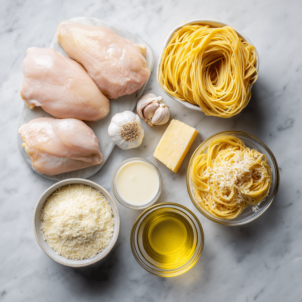 Ingredients for One-Pot Creamy Garlic Parmesan Pasta with Chicken