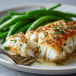 Baked Garlic Butter Cod With Green Beans 6 Oven baked cod with herbs served hot