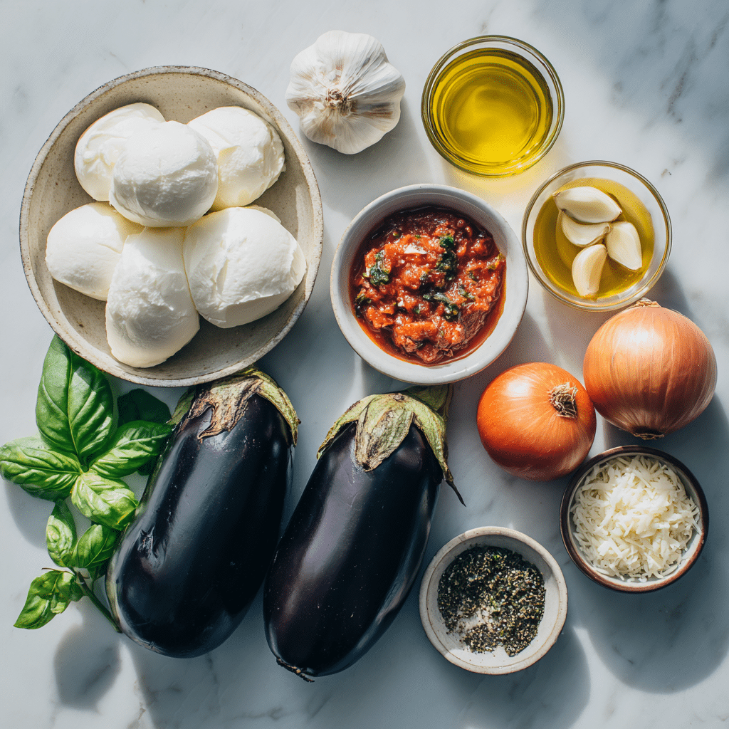 Ingredients for roasted aubergine parmesan boats