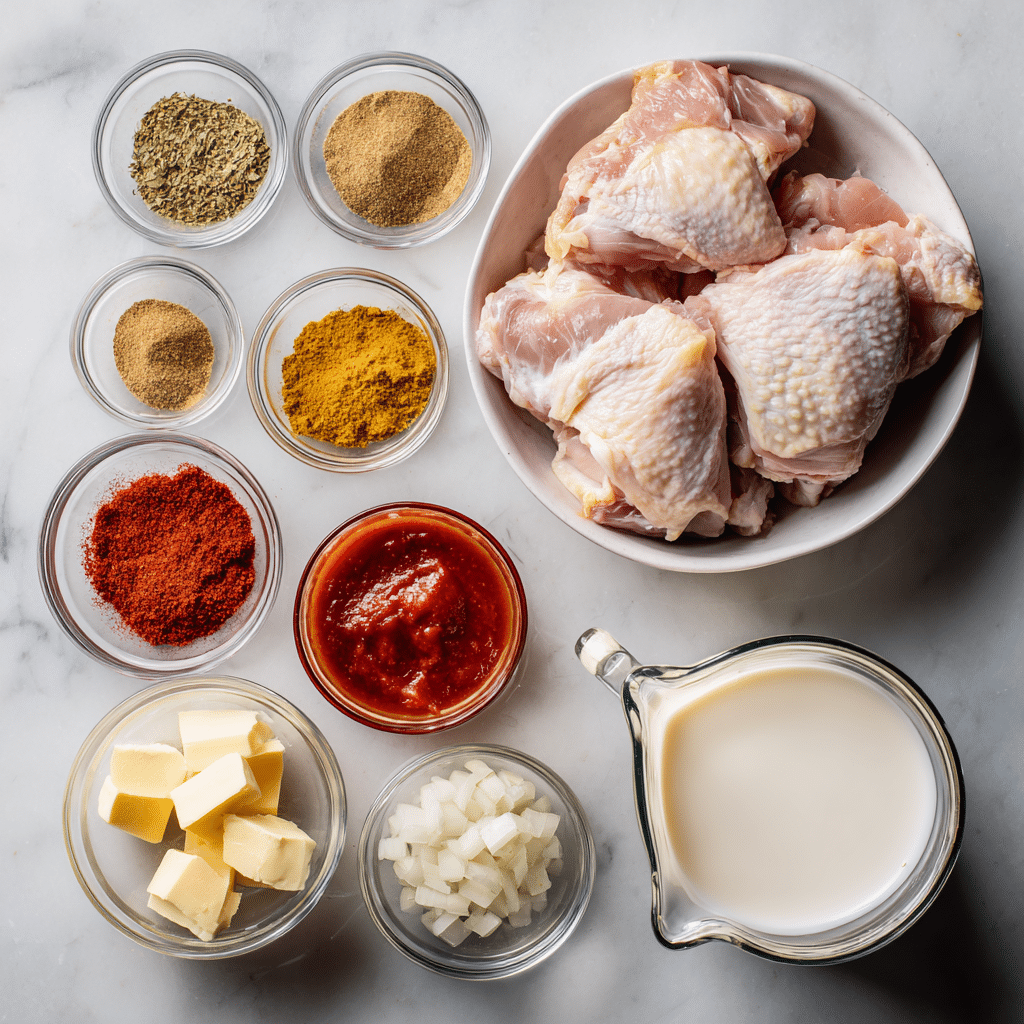 Ingredients for slow cooker butter chicken arranged on marble countertop