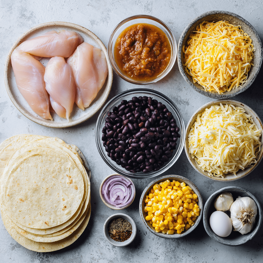 Ingredients for slow cooker chicken enchilada casserole