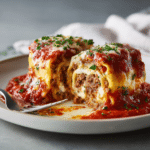 Served low-carb turkey lasagna roll-ups high protein