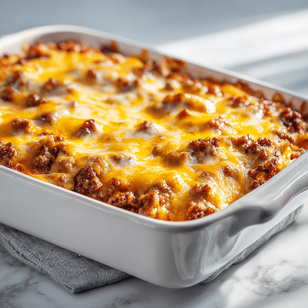 Dishfeat keto cheeseburger casserole featured