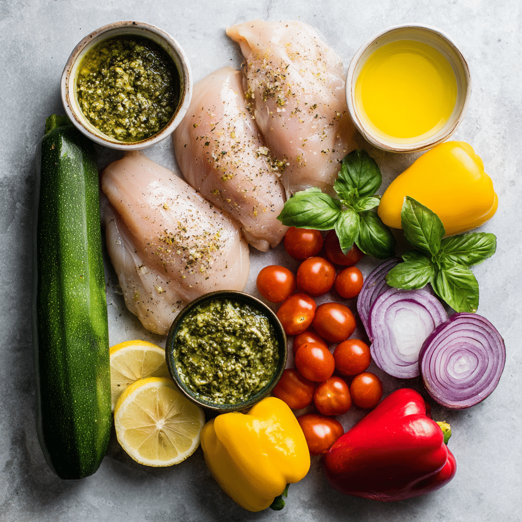 ingredients for one-pan baked pesto chicken and veggies