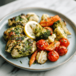 serving of one-pan baked pesto chicken and veggies