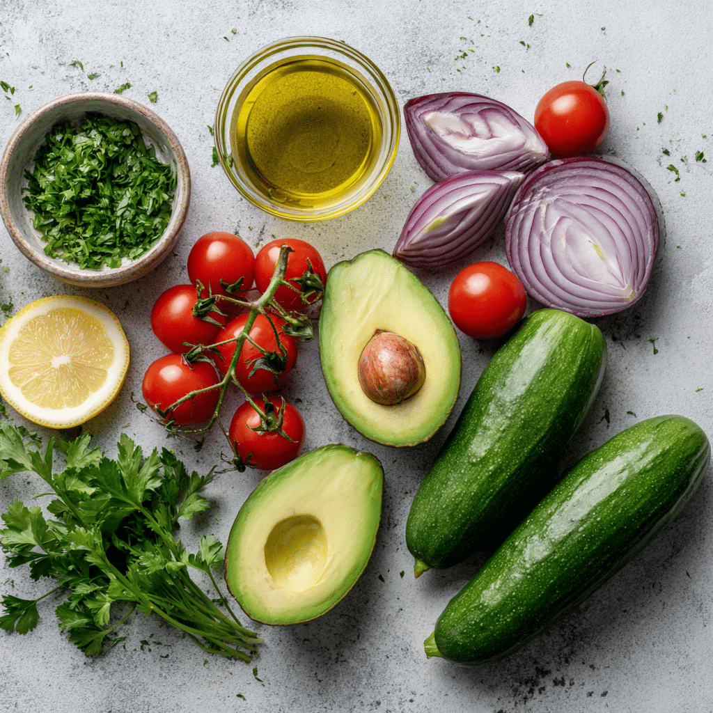 Dishfeast avocado tomato cucumber salad ingredients